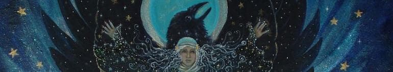 A mystical image of a woman with arms casting a spell, a raven, the Moon, stars...